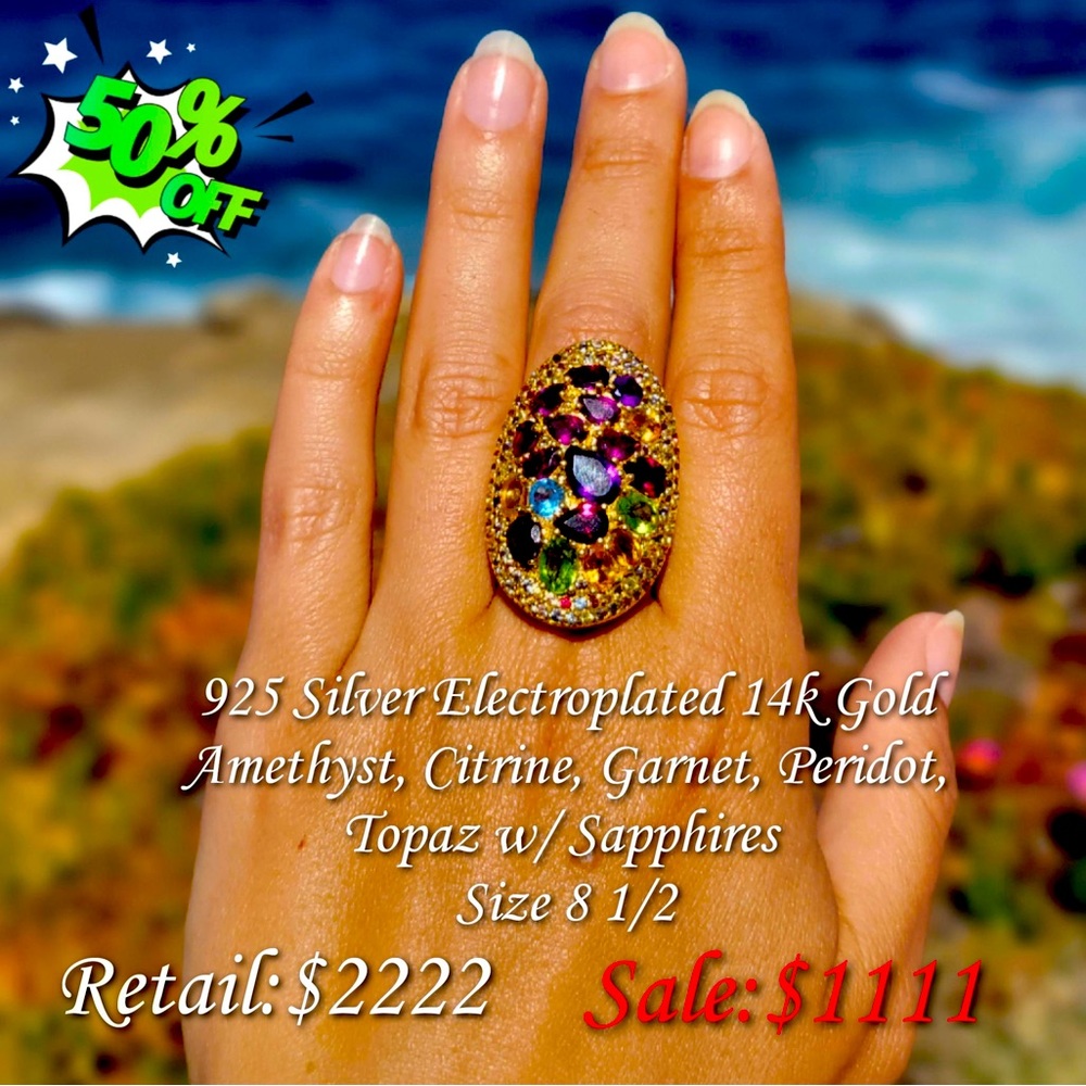 925 Sterling Silver w/ 1K Gold plate ring w/amethyst/sapphire/garnet/peridot